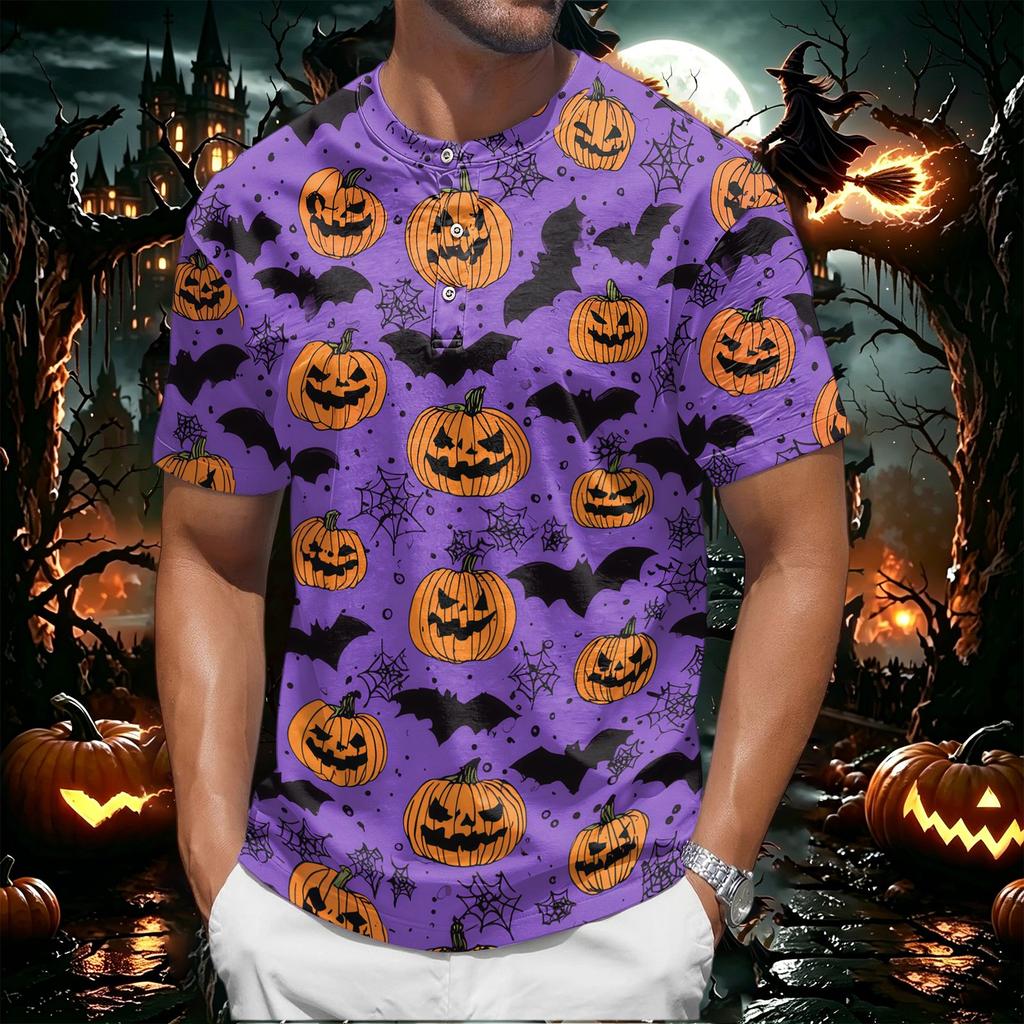 Men's Halloween Print Crew Neck Short Sleeve Top with Pumpkin and Web Pattern Casual Fit T Shirt for Daily Wear