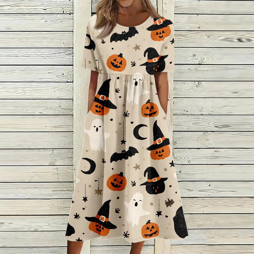 Women Casual Halloween Print Dress Short Sleeve Round Neck Pocket Midi Dress Loose Fit Comfortable Everyday Wear