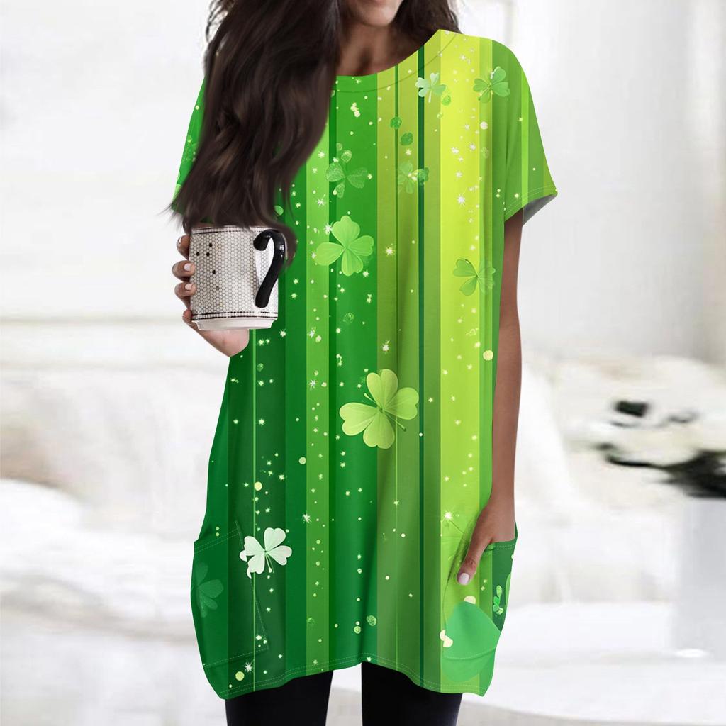 Damenmode Lässig Kurzarm Print Rundhals Doppelpocke T-Shirt Top