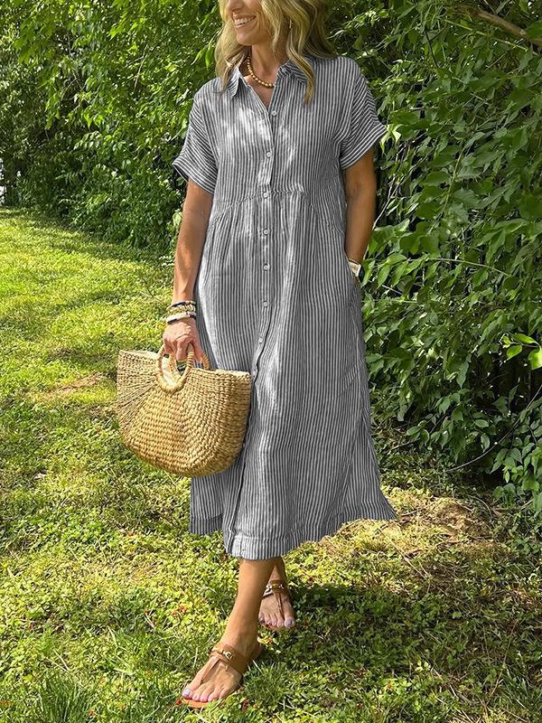 Women Striped Shirt Dress Short Sleeve Lapel Casual Midi Dress with Asymmetric Hem