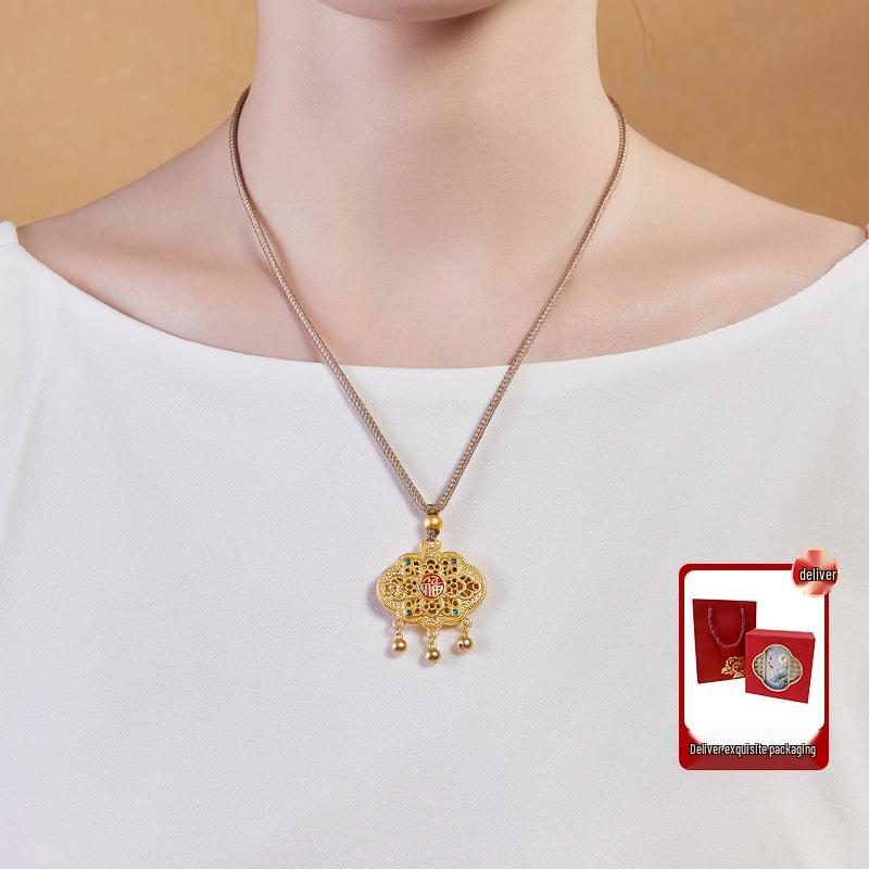 Sterling Silver Openwork Flower & Auspicious Cloud Pendant Necklace for Women - High-End New Chinese Style.