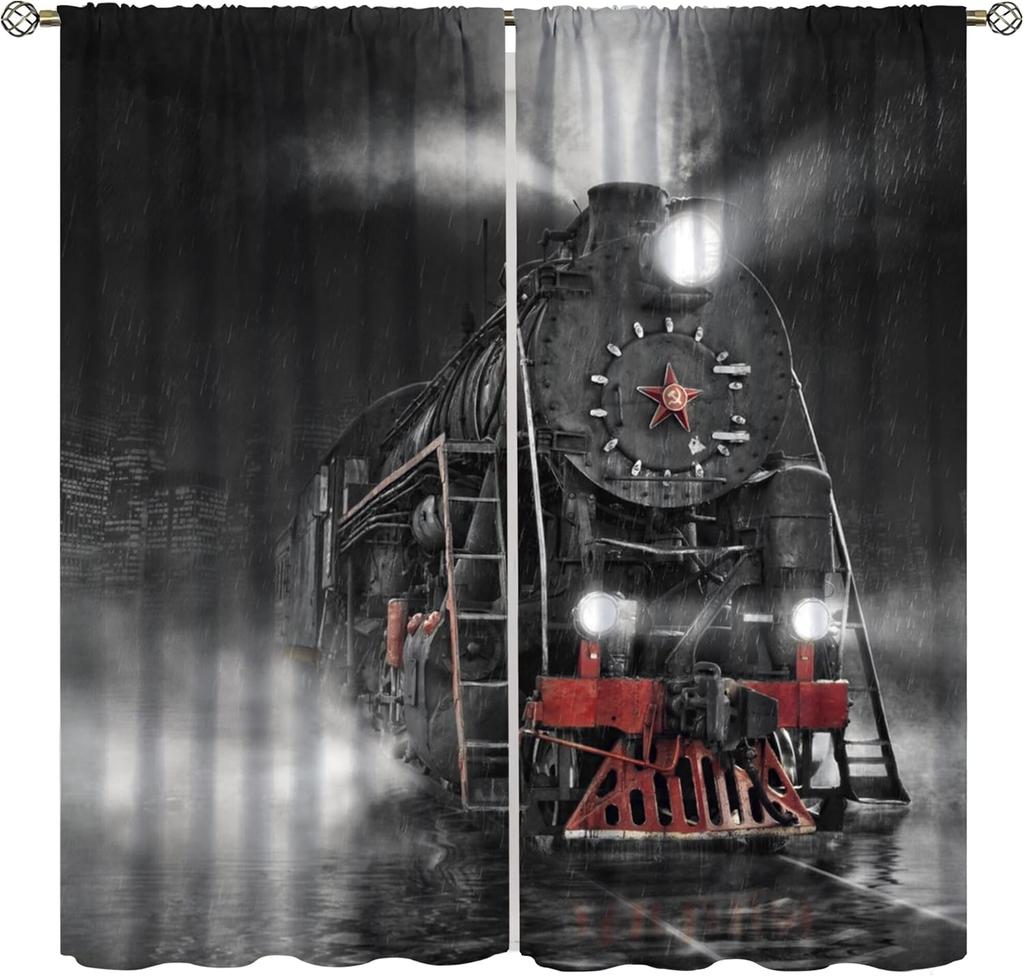 Light Blocking Steam Engine Curtains Old Train Through Country Field Scenery Print Window Treatments Curtain Vintage Polyester With Rod Pocket