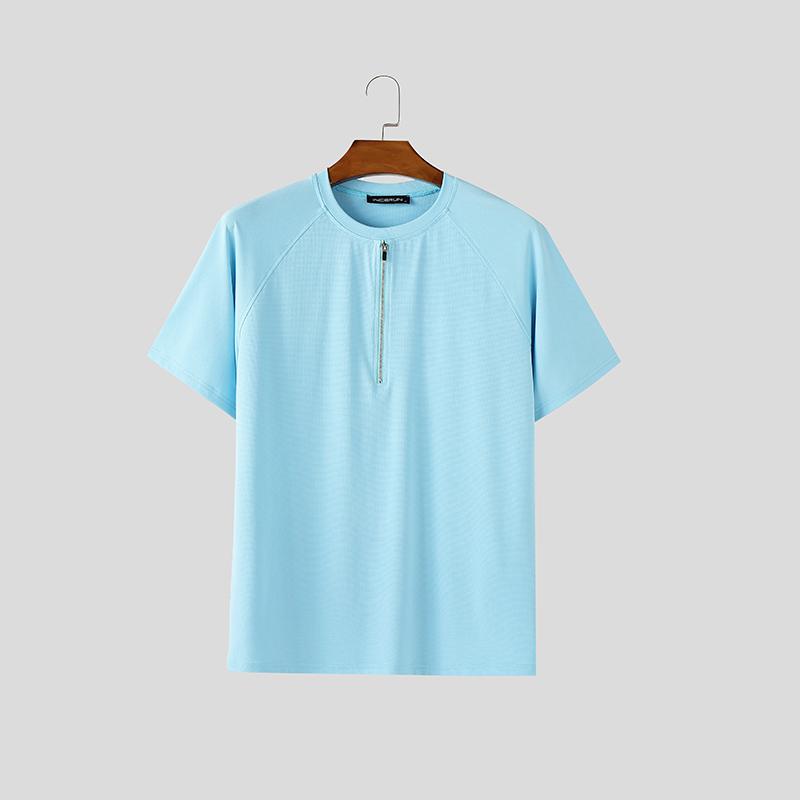 

INCERUN Summer Men Short Sleeve Zip-up Casual Fitted T-shirts S синий