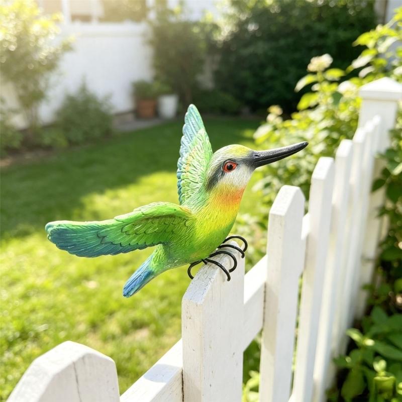 Hummingbird Planter Decoration, Resin Realistic Bird Figurine with Multicolored Design and Hook for Garden, Yard, and Plant Displays