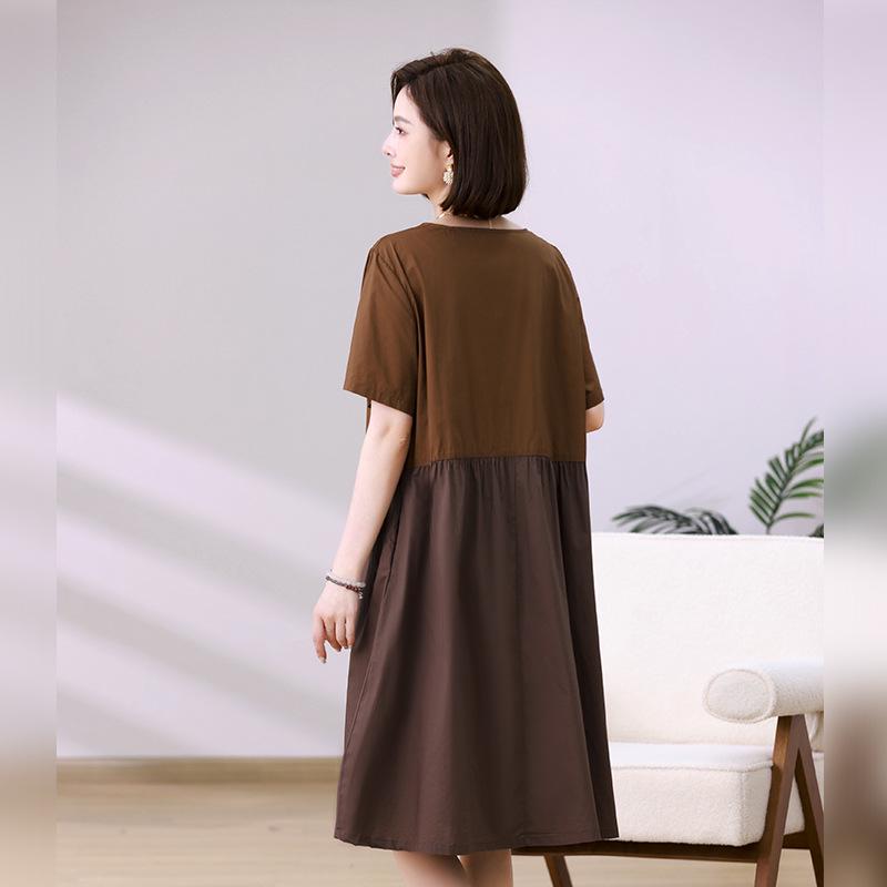 Mom's Summer 2025 Color Block Two-Piece Look Cotton Loose Mid-Length Dress