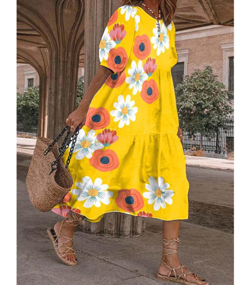 New summer women s printed dress vacation style loose large size beach dress S жёлтый