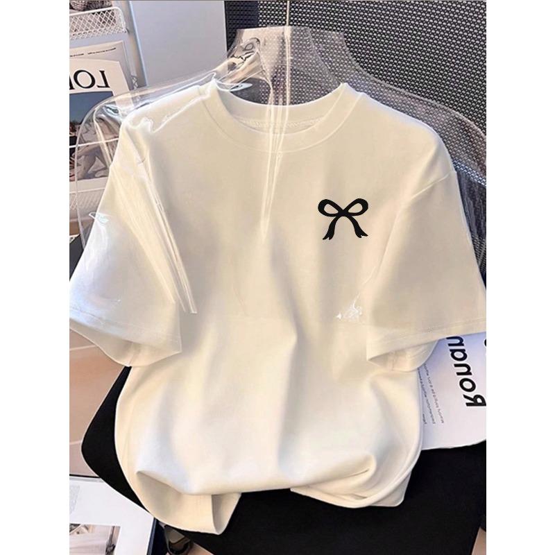 

European sizes Casual Minimalist Style Short-Sleeve Round-Neck T-Shirt for Women with a Bow Pattern Print 4XL чорний