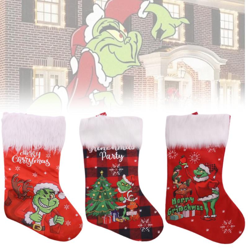 Plush Grinch Christmas Stocking Cozy Gift Bag For Kids Holiday Candy Holder