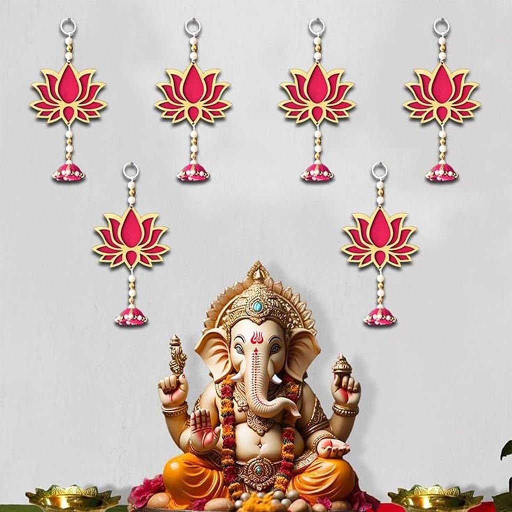 Lotus Wall Hanging with Jhumki - Set of 6 | Pink/Raani Artificial Flowers Bunch |