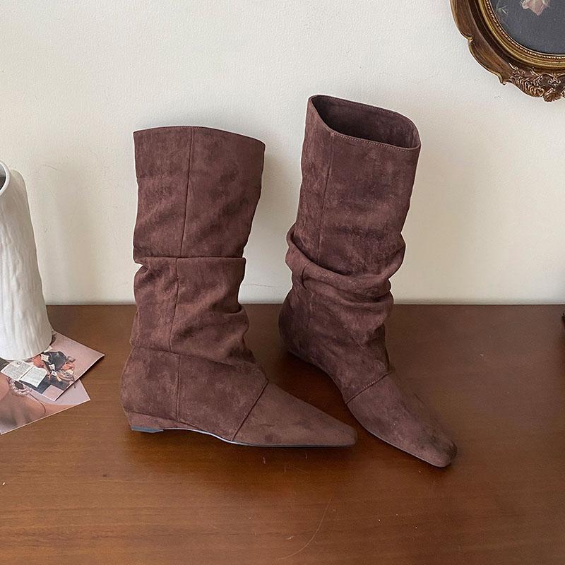 Mode Mode Flock Damen Mid-Calf Stiefel Schuhe Mit Höhenerhöhendem Schuhwerk Plissierte Damen Moderne Stiefel Weibliche Slipper