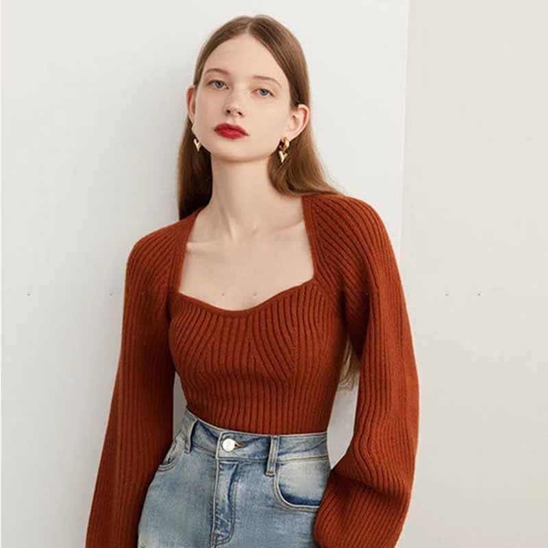 Literatura a umění Vintage Jednobarevné Tričko s čtvercovým výstřihem Dámský Podzimní a Zimní Volný Slim Svetr s dlouhým rukávem