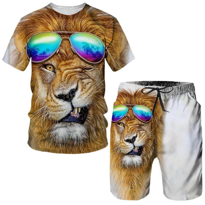 

3D Animal Print T Shirt for Men Shorts 2 Piece Outfit Fashion Poker Lion Pattern Oversized O-neck Tops Summer Short Sleeve Sets