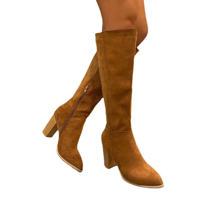 36-43 Large Size Women Shoes 2024 Winter Fashionable Round Toe High Heel Women's Boots Comfortable Square Heel Yellow High Boots