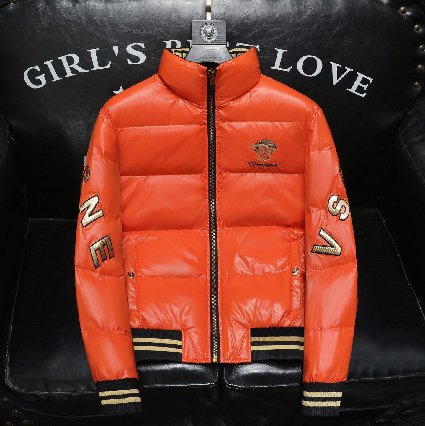 

Men s European Station Shiny Embroidered Down Jacket: Trendy Short Warm Coat with Stand Collar for Winter Cold Protection. Extra Large помаранчевий