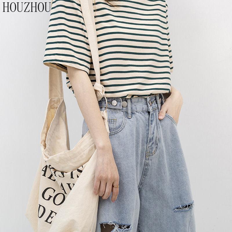 HOUZHOU Stripete T-skjorte Dame Grønn Kortermet Sommer Løs Stor størrelse Korean Chic Casual Topper