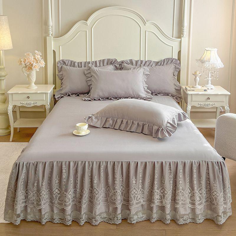 3pcs Solid Color Double-Layer Lace Embroidered Bed Skirt Kit with 1pc Bed Skirt + 2pcs Pillowcases Easy-to-Remove Mattress Protector Cover
