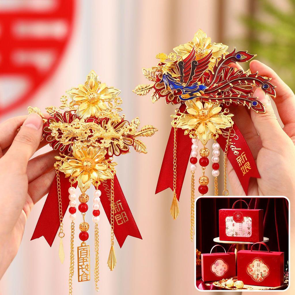 Premium Dragon and Phoenix Wedding Corsage Set for Bride and Groom - Elegant Boutonniere Pins