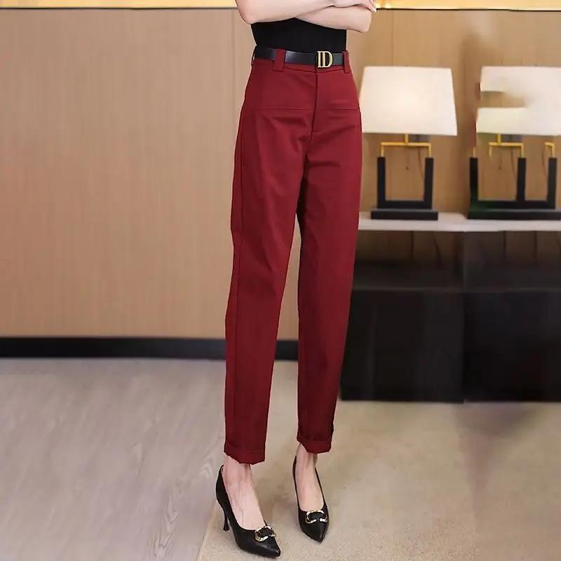 Spring and Autumn Women's Solid Color High Waist Slim Halun Pants Button All Match Pockets Fashion Casual Commuter Trousers