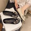 2025 Autumn New Round Head Shallow Mouth Flat Bottom Pearl Rhinestone Bow Single Shoes Flat Heel Soft Sole Ladyshoes