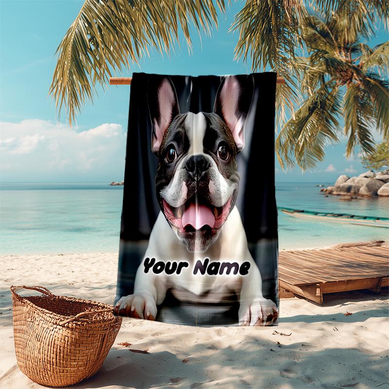 1PC Custom Name French Bulldog Portrait Beach Towel Highly Absorbent And Sand-Resistant Towel for Swimming, Pool, Yoga, And Travel Lightweight