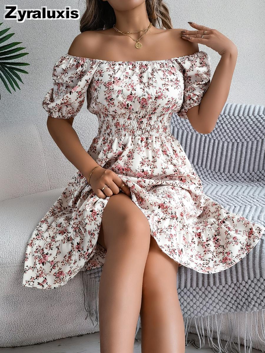 Summer Floral Square Neck Short Sleeve Ruched High-Waisted A-Line Skirt for Women S