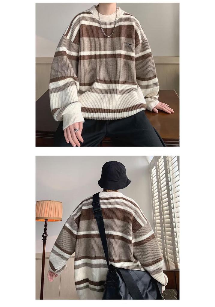 Tejido de punto a rayas retro japonés: Suéter holgado unisex de otoño/invierno