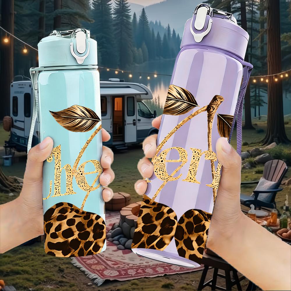 1PC Leopard Cherry Gold Letter Graphic,750ml Color Plastic Sports Water Bottle,Leakproof Flip Straw Lid,Suitable for Sports Office Home Use