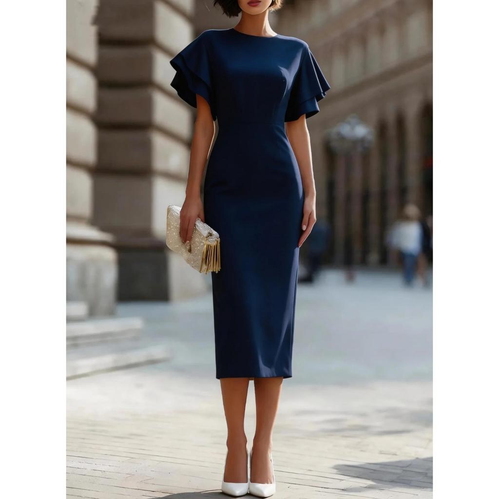 Robe Fourreau Élégante à Manches Volants 2026 pour Femmes, Robe Midi Bodycon à Col Rond Coupe Ajustée, Tenue Formelle pour le Bureau et les Soirées Cocktail
