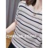 Striped Short Sleeved T-shirt Knitted Sweater Summer Contrasting Retro Loose Versatile Top for Women
