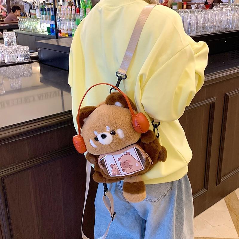 Cute Plush Red Panda Backpack Large Capacity Soft Fashion Shoulder Bag Kawaii Fluffy Wear Headphones Animal Bag Woman Girl Gift