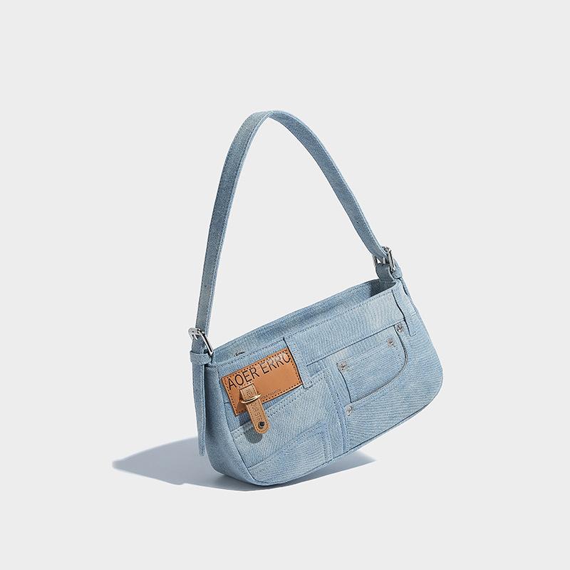 New Simple Trendy Single Shoulder Underarm Bag Retro Patchwork Denim Baguette Bag for Women Commuting Versatile Crossbody Handbag