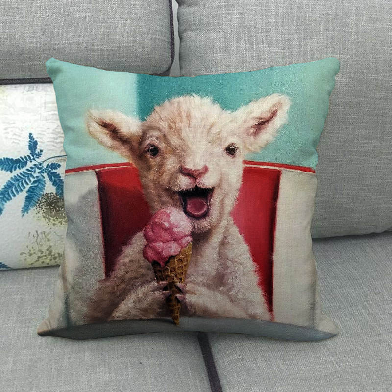 Oil Painting Of Animals - Pigs And Sheep Digital Printing Short Plush Pillow Covers For Car Sofa Office Cushion Cover Home Goods
