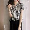 Women's Summer 2024 Loose Chiffon Ink Print Blouse