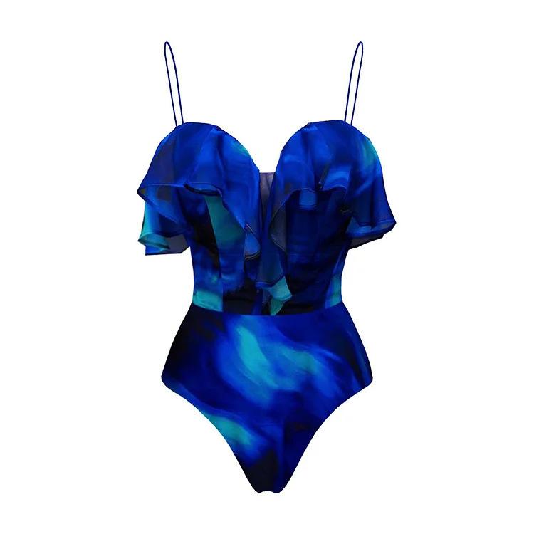 1011 European and American New Fast-selling Smudged Ruffle Leaf Edge One-piece Swimsuit Women's Vacation Suit Beach Skirt