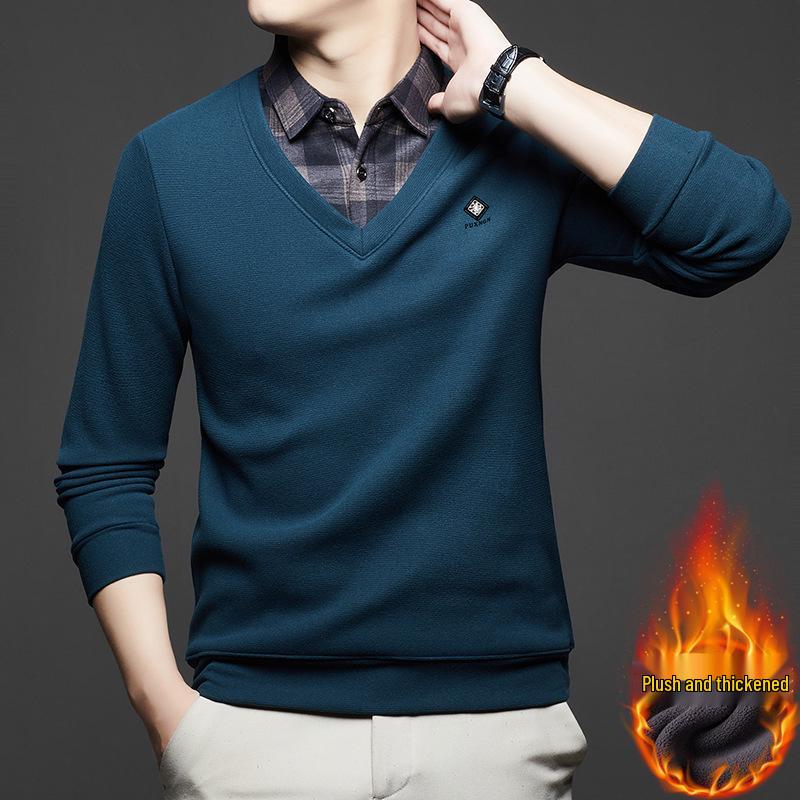 Plus Size Men's Thick Knit Sweater, Velvet Lined, Two-Piece Look, Middle-Aged Loose Fit