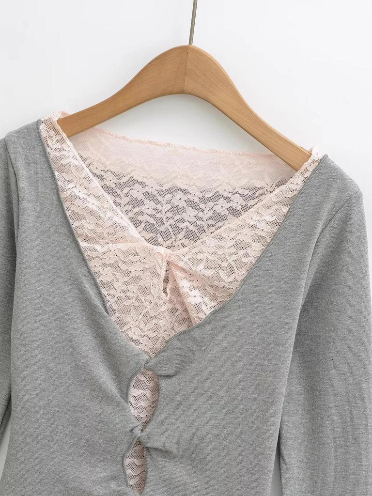 Lace Patchwork V-Neck Two-Piece Long-Sleeve Slim-Fit T-Shirt for Women - Spring/Autumn