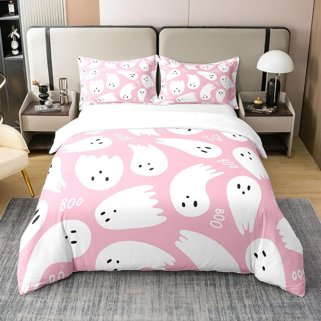 Halloween Ghost Pink White Three-Piece Quilt Cover Digital Printing Bedding Set Bed Cover