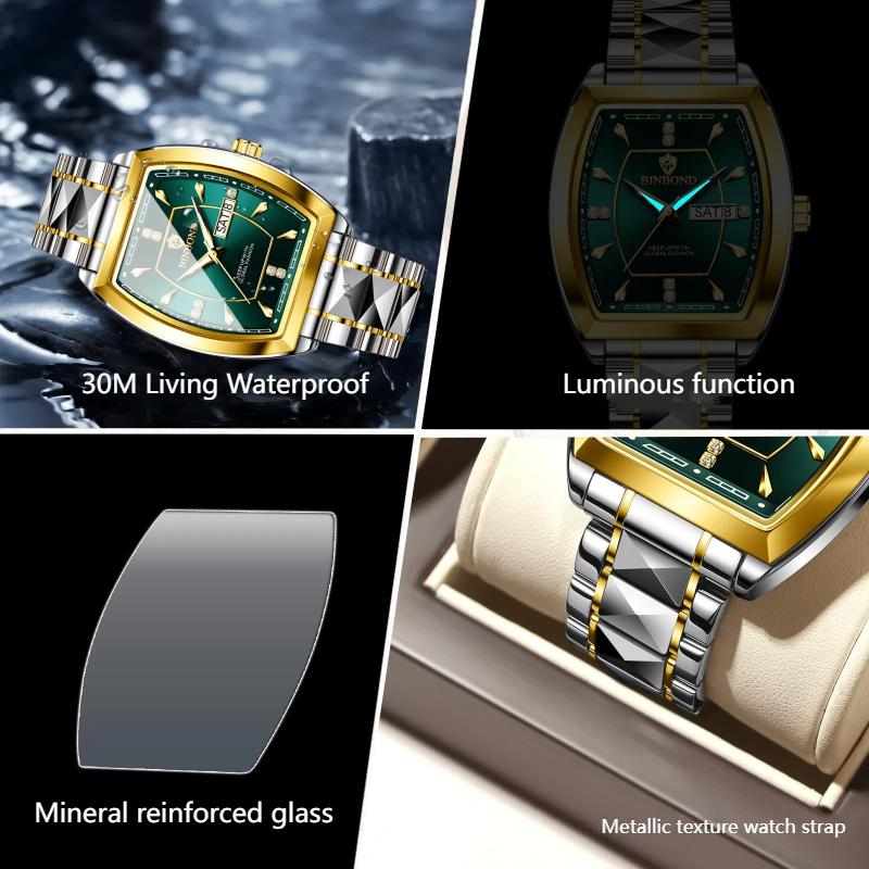 BINBOND Men's Watch Authentic Light Luxury Wine Barrel Steel Belt Waterproof Night Light Calendar Men's Student Quartz Watch