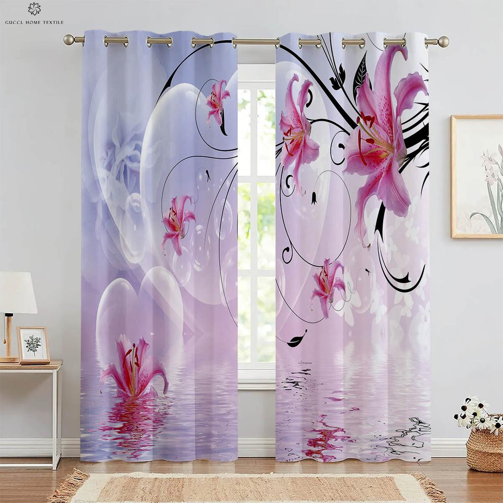 Set Of 2 Window Curtains Flowers Water Printing Kitchen Bedroom Study Living Room Decorative Curtain For Made Polyester