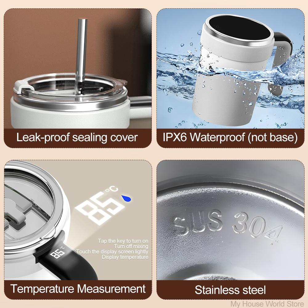 Tazza Miscelatrice Magnetica Automatica da 380ML con Cannuccia e Coperchio Acciaio Inossidabile Impermeabile Elettrica USB Miscelazione Caffè Nuova 2025