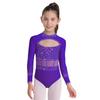 Girls Dance Bodysuit Long Sleeve Rhinestone Leotard with Back Zipper & Cutout for Performance