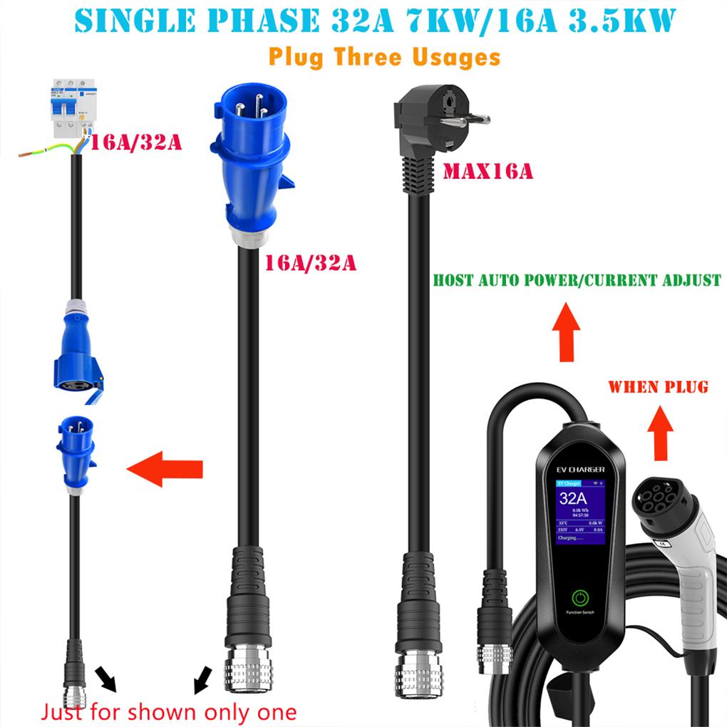 Portable Type-2 EV Charger Wall Auto Recognition 16A/32A 3.5KW/7KW 5M Single-Phase With LCD Display Bluetooth WIFI APP Control
