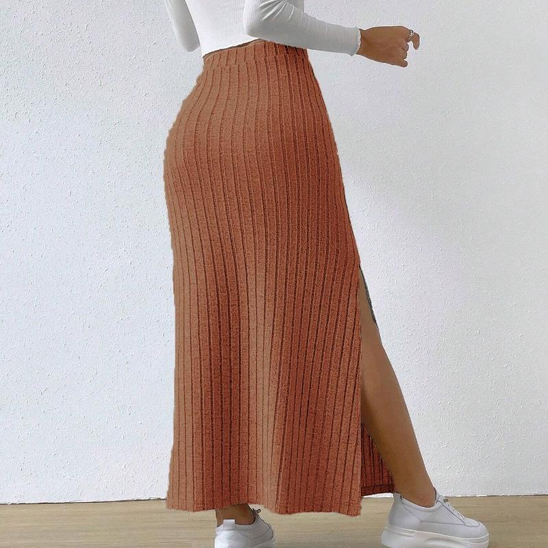 Spring Summer Side Split Slim Fit Knitted Skirt Women Solid Elegant High Waist Skirts Female Fashion Casual Office Lady Skirt 24147