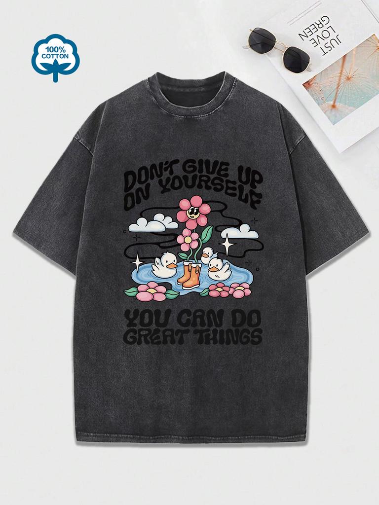 No Te Rindas Contigo Mismo Patos Felices Nadando Estampado Camisetas Lavadas Mujer Algodón Hip Hop Camisetas Tops de Verano Ropa Holgada
