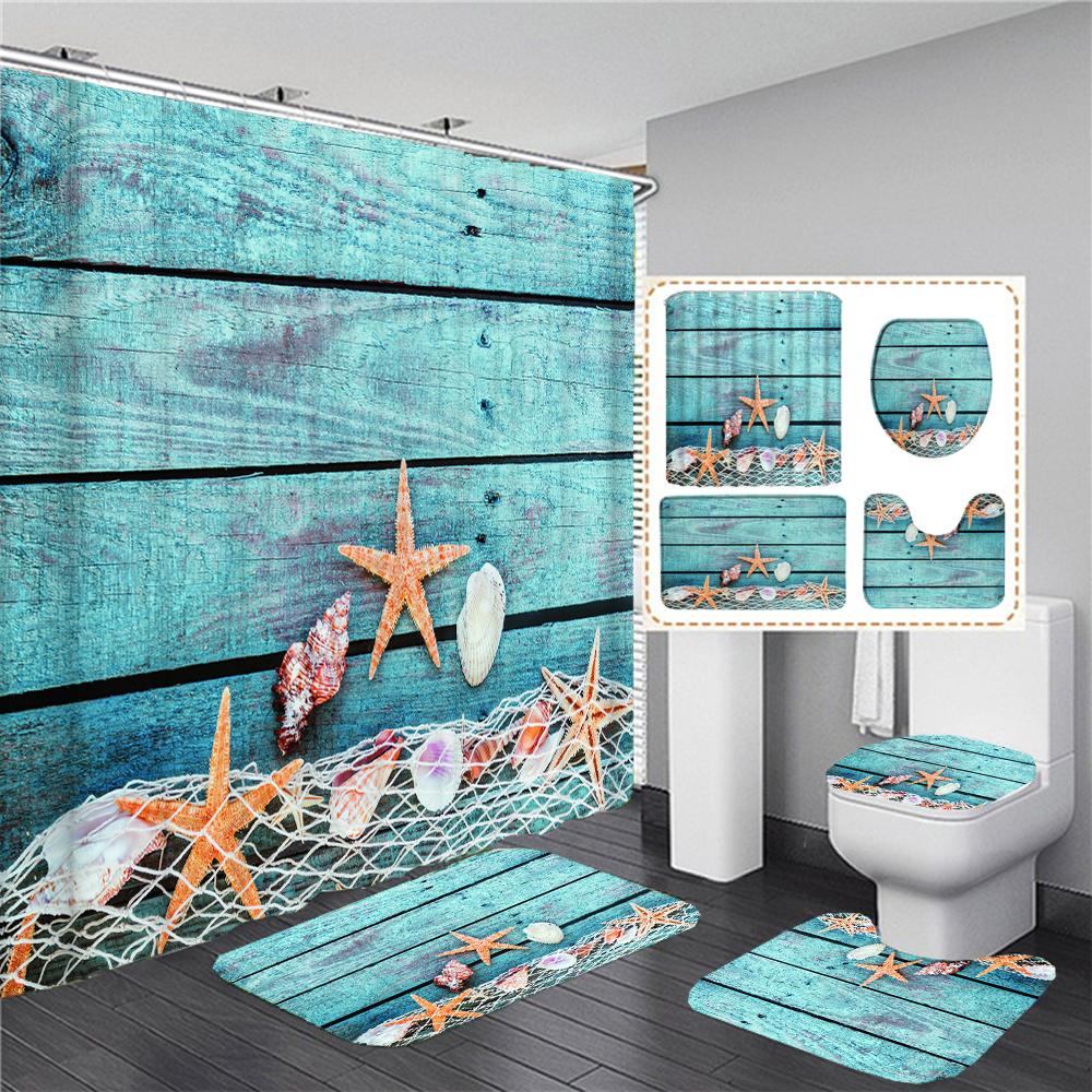 

Waterproof Polyester Printing Shower Curtain Beach Shell Starfish Bathroom Curtains Anti-Skid Rugs Toilet Lid Cover Bath Mat W60H190(CM)-1 Pcs
