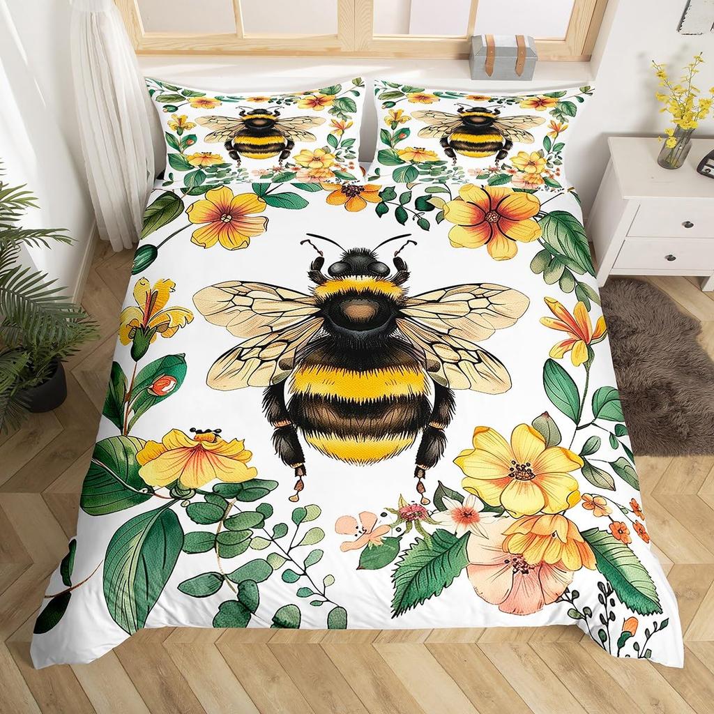 Cartoon Bee Duvet Cover Insect Honeybee Bedding Set Microfiber Wild Animal Comforter Cover King For Teens Boys Kawaii Home Decor
