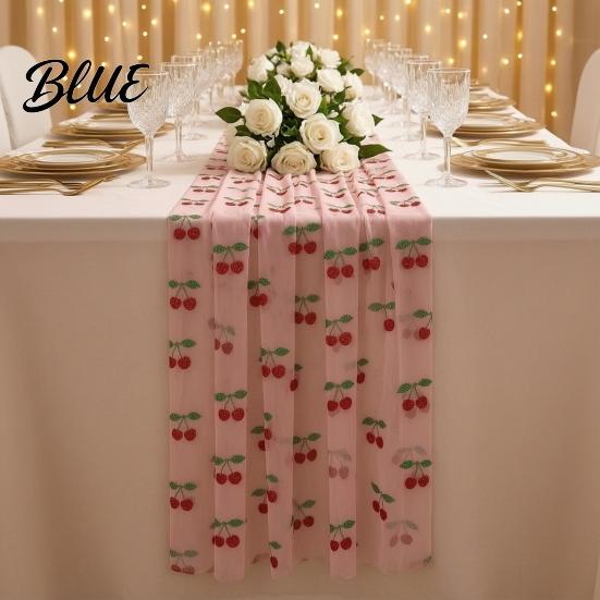 Anniversary Table Runner Soft Polyester Cherry Lemon Runner Strawberry Sheer Tulle Pattern Summer Overlay Seasonal