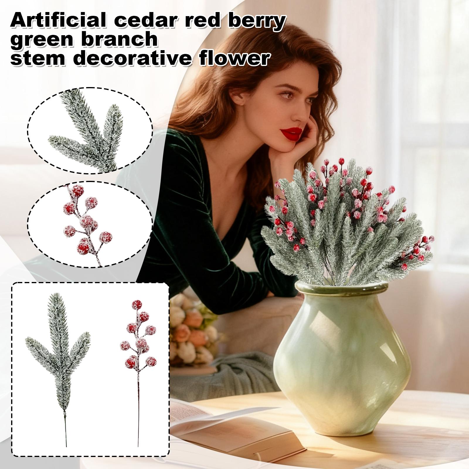 

Artificial Cedar Red Berry Green Branch Stem Christmas Tree Wreath Floral Arrangement Vase Decorative Flower 12 Bunches One Size