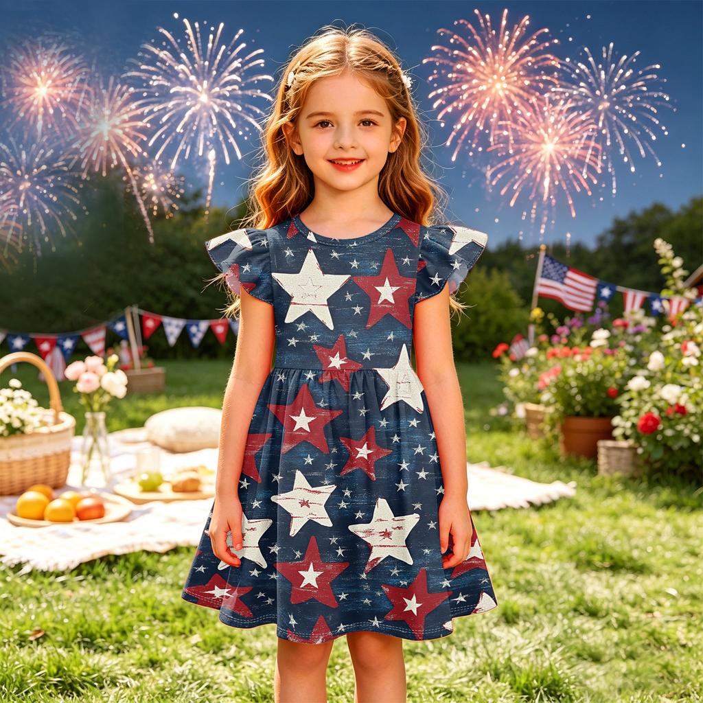 Girls Dress Sleeveless Ruffle Sleeve Independence Day Spliced Star Pattern Casual A-Line Dress for Kids