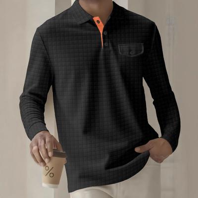 Frühlings- und Herbst Herren Langarm Kariertes Poloshirt Knopfleiste Tasche Sport-Poloshirt